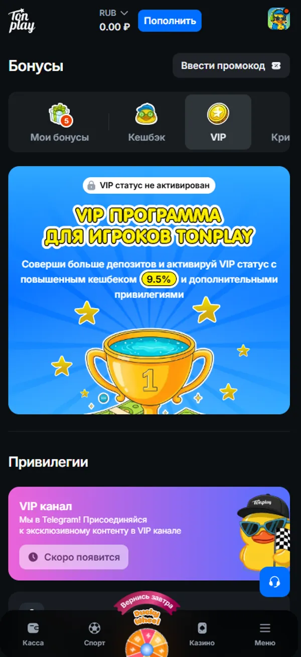 Раздел VIP в бонусах TonPlay: кэшбэк 9.5% и VIP-канал